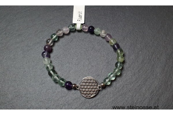 Armband Fluorit + Blume d.Lebens, 6mm Gr.S